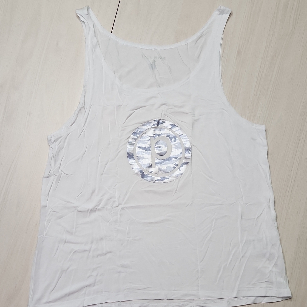 Pure Barre Tavi Noir White Tank Top with Silver Blue Camo Logo Design